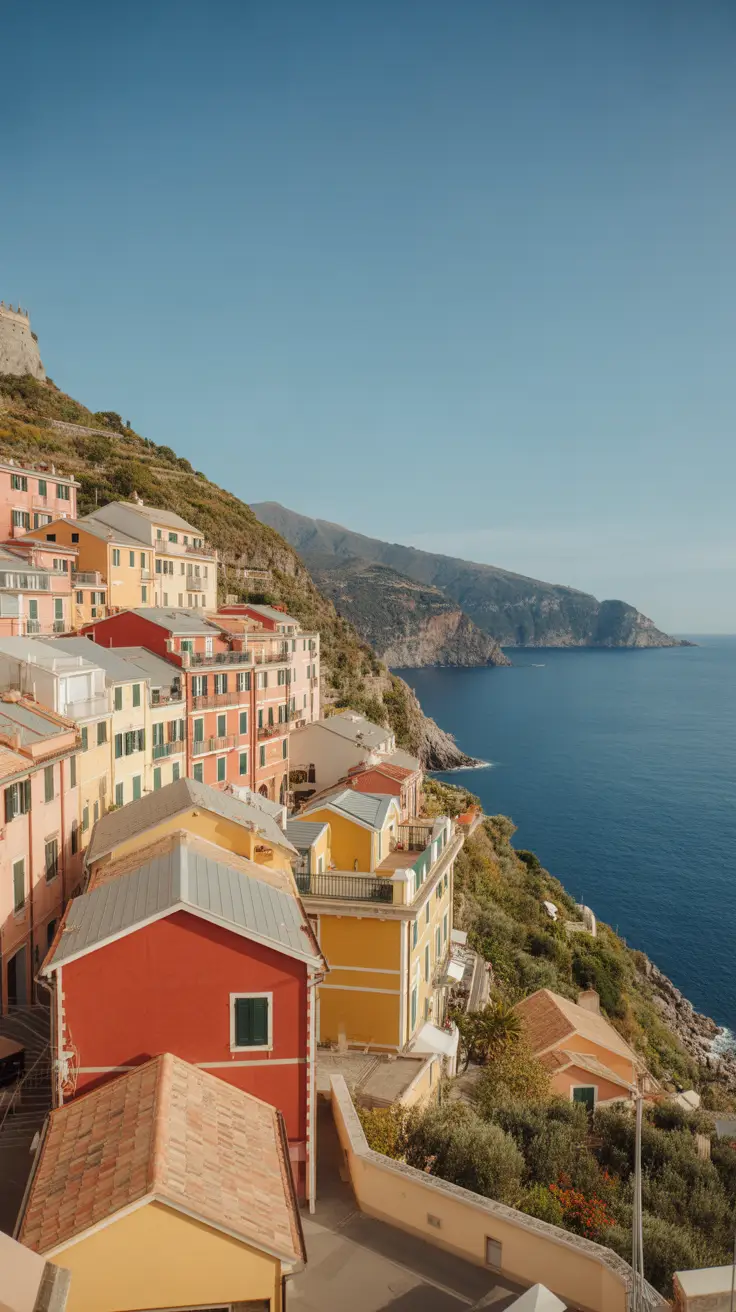 A photo collage of Vernazza, a small coastal village in Italy, featuring scenic views of the harbour, colorful houses, and the Church of Santa Maria Assunta, set against a dark blue background with bold white text reading "Vernazza Photo Spots You Can't Miss" in the foreground.