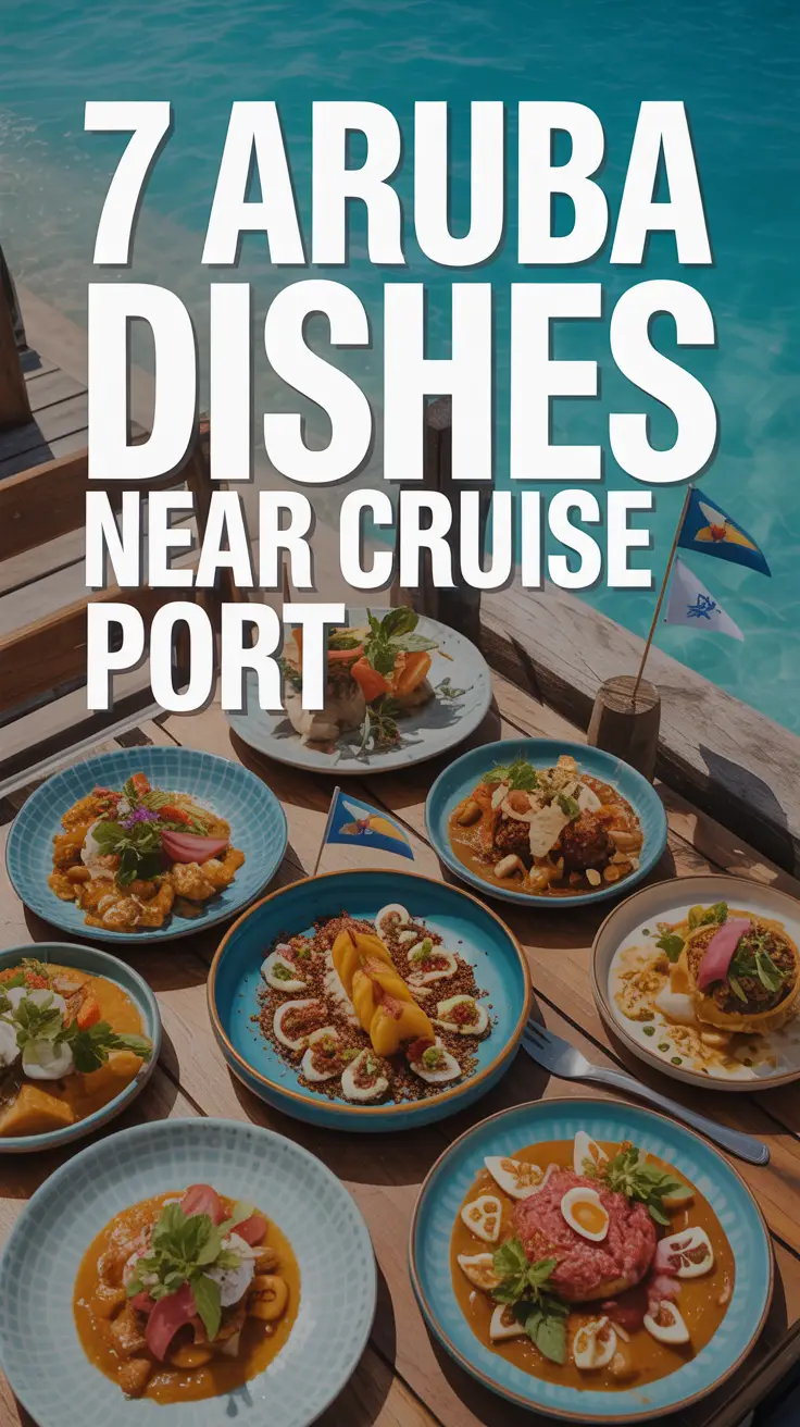 A vibrant lifestyle advertisement showcasing a collage of seven mouthwatering Aruban dishes arranged artfully on a rustic wooden table near a turquoise ocean backdrop, representing the best culinary offerings near the cruise port. Each dish – including keshi yena, funchi, and pastechi – is styled with fresh herbs and colorful garnishes, bathed in warm, natural sunlight creating a lively and inviting atmosphere. The bold, white text overlay “7 Aruba Dishes Near Cruise Port” is prominently displayed across the top of the image in a clean, modern sans-serif font, while subtle Aruban flags are delicately placed as supporting visual elements, evoking a sense of island charm and delicious discovery.