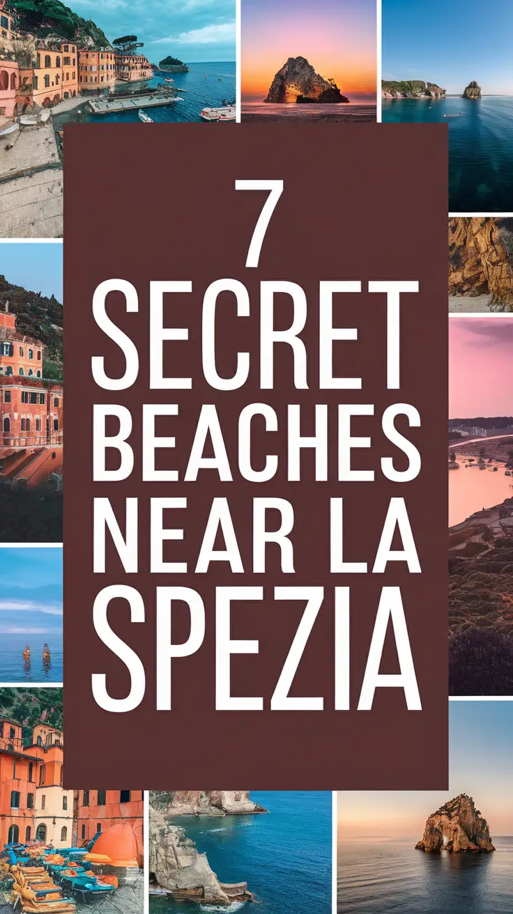 Big text overlay saying "7 Secret Beaches Near La Spezia" in bold white letters inside a prominent dark box, surrounded by a vibrant collage of realistic beach images.