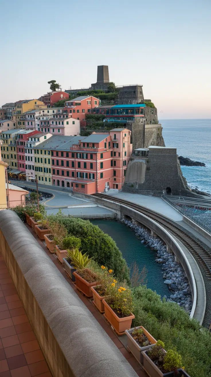A photo collage of Vernazza, a small coastal village in Italy, featuring scenic views of the harbor, colorful houses, and the Church of Santa Maria Assunta, set against a dark blue background with bold white text in thick lettering that reads "Vernazza Photo Spots You Can't Miss".