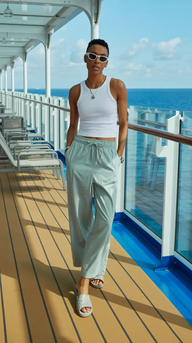 A vibrant lifestyle advertisement showcasing a curated collection of ten stylish outfits perfect for an Aruba cruise, displayed as a visually appealing collage against a backdrop of a pristine turquoise beach and crystal-clear ocean. Each outfit is artfully arranged on tanned, diverse models posed naturally in various beach settings – lounging on a sunbed, strolling along the shore, or enjoying a sunset cocktail – creating a dynamic and aspirational feel. A large, bold text overlay prominently reads "10 Aruba Cruise Outfit Ideas" in a clean, modern sans-serif font, strategically positioned at the top of the image with a subtle drop shadow to ensure readability and draw the viewer's eye, conveying a sense of effortless style and tropical vacation bliss. The overall aesthetic is bright, airy, and luxurious, emphasizing the beauty of Aruba and inspiring viewers to plan their next cruise with confidence and impeccable fashion.