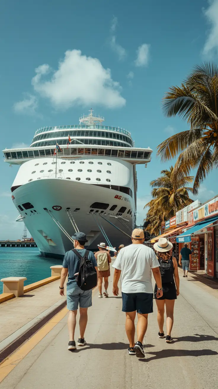 A visually striking lifestyle advertisement for Aruba cruises featuring a panoramic sunset beach scene with turquoise waves on white sand, bold modern diagonal overlay text reading "8 Aruba Cruise Mistakes to Avoid," and a warm palette of oranges, pinks, and blues evoking a dreamy Caribbean escape.