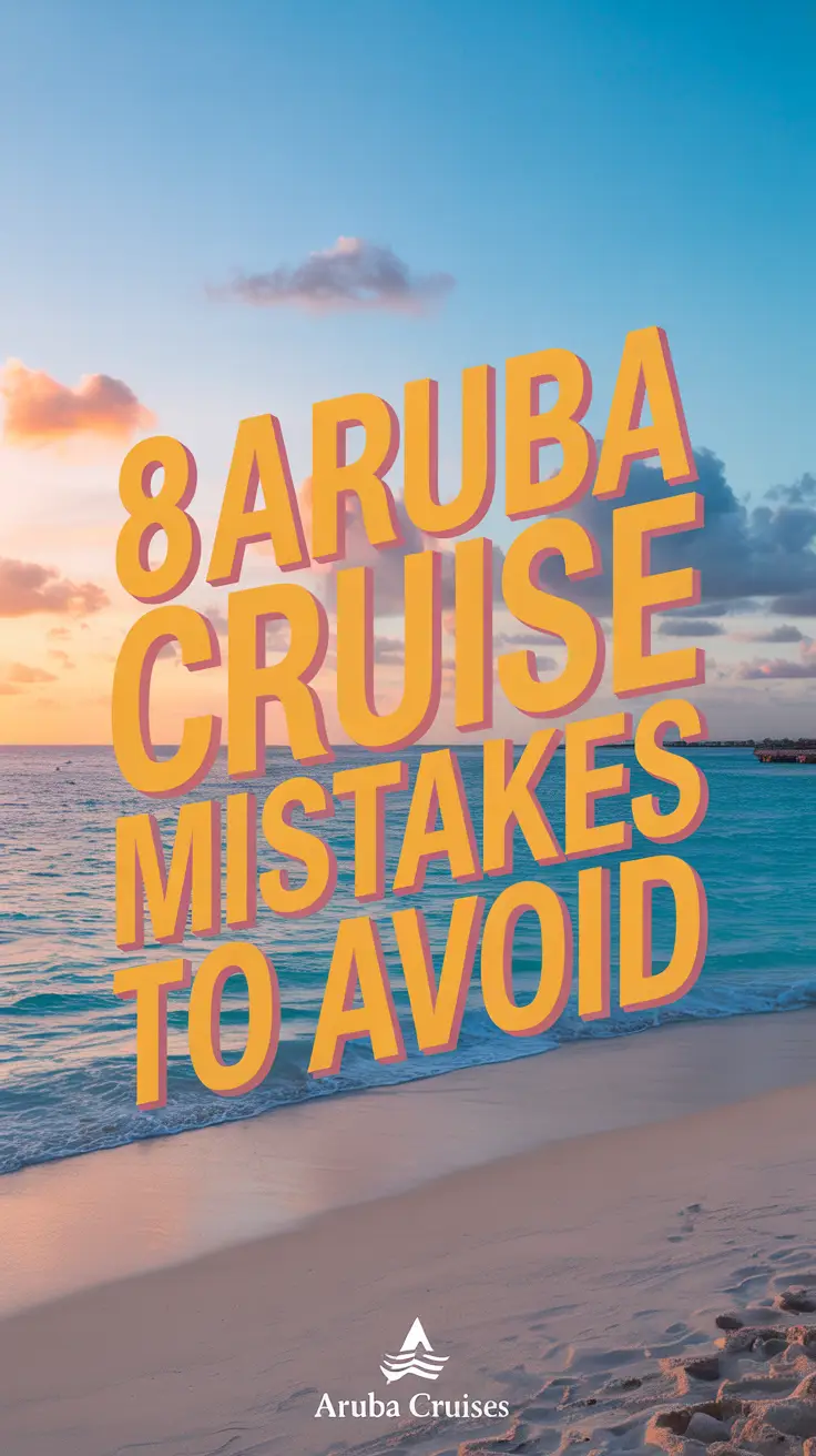 A visually striking lifestyle advertisement for Aruba cruises featuring a panoramic beach scene at sunset with turquoise water gently lapping against a pristine white sand beach, overlaid with bold, modern text reading "8 Aruba Cruise Mistakes to Avoid" on a vibrant, warm palette of oranges, pinks, and blues, evoking an aspirational and informative mood with a small, elegant "Aruba Cruises" logo in the corner.