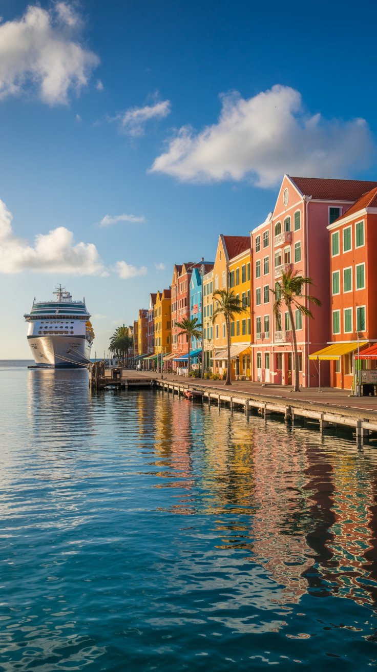 A photograph showcasing Willemstad's vibrant waterfront in Curaçao, featuring a large cruise ship arriving. The scene is dominated by rows of tightly packed, brightly colored buildings in shades of pink, orange, yellow, and blue, reflecting beautifully in the calm turquoise water. A few palm trees sway gently in the breeze along the waterfront, and the late afternoon sunlight casts long shadows, highlighting the unique architecture. The sky is a clear azure blue with a few fluffy white clouds, creating a picturesque and iconic Caribbean vista.