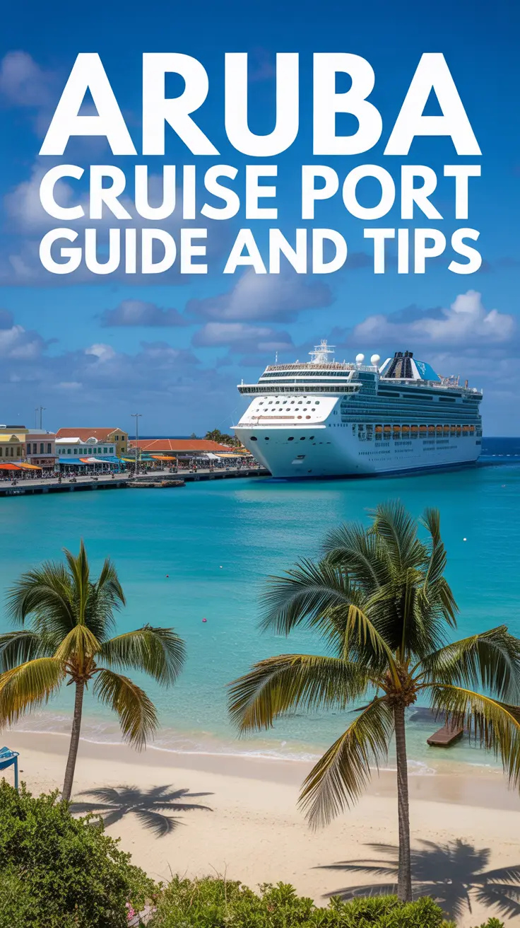 A vibrant travel poster of Aruba Cruise Port featuring a turquoise Caribbean coastline, white sand beaches, palm trees, a docked cruise ship, and colorful buildings under tropical sunlight.