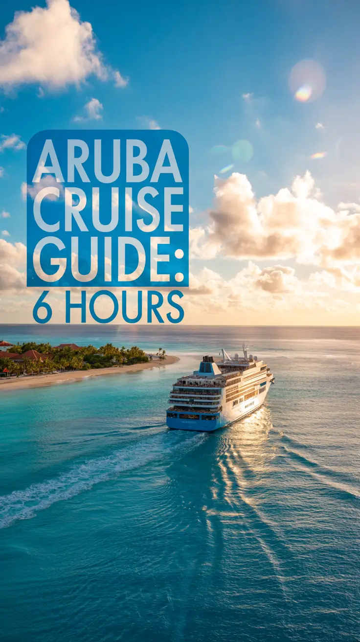 A vibrant lifestyle advertisement for an Aruba cruise guide showcasing a stunning aerial view of a luxury cruise ship sailing through turquoise waters toward a pristine white-sand beach lined with palm trees, under a clear blue sky with fluffy white clouds during golden hour lighting; cinematic touches like subtle lens flares and depth of field blur emphasize the relaxing luxury of the cruise, while bold modern text in the upper left reads "Aruba Cruise Guide: 6 Hours."
