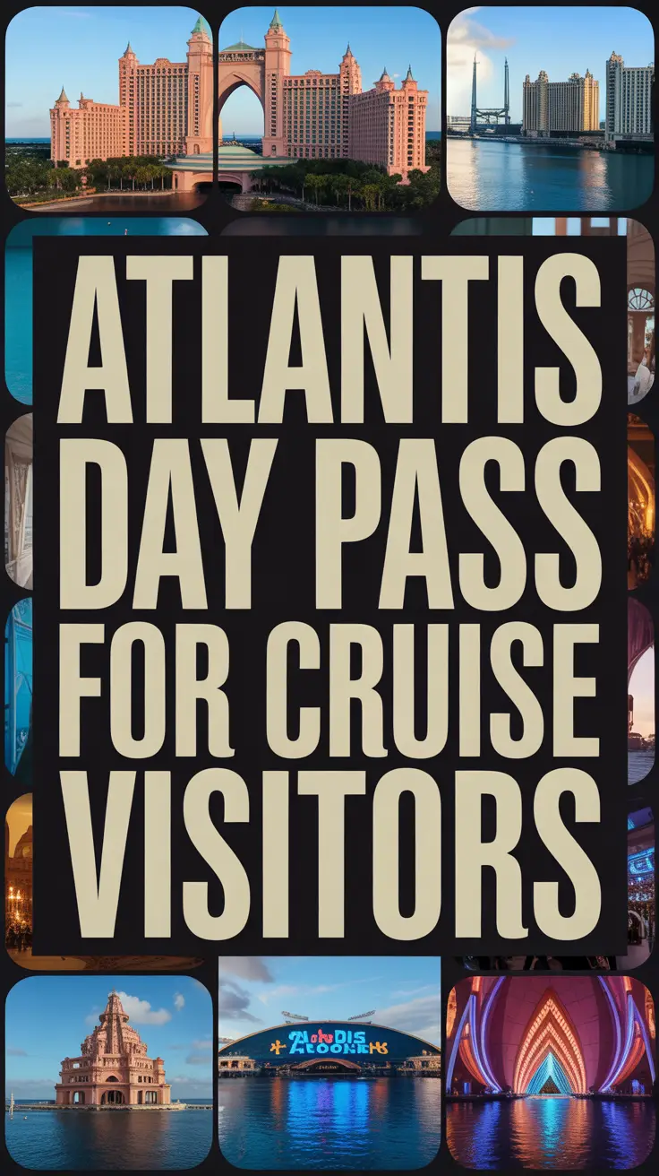 Bold white text reading "Atlantis Day Pass for Cruise Visitors" in a dark box, surrounded by a vibrant image collage.