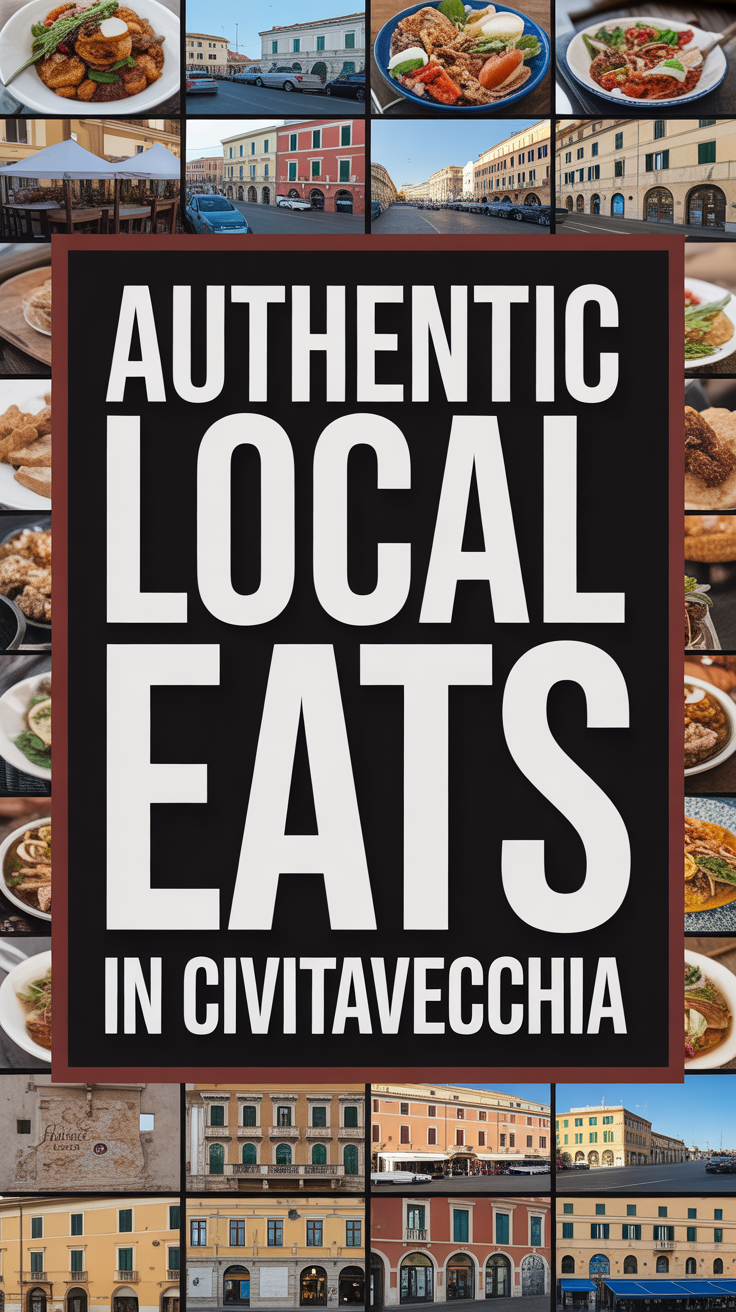 Authentic Local Eats in Civitavecchia showcased with bold white text on a dark box, surrounded by a vibrant collage of local food imagery.