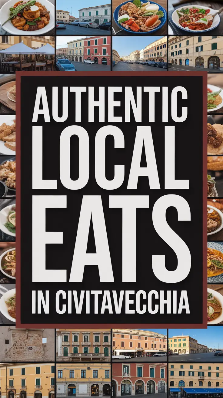 Authentic Local Eats in Civitavecchia showcased with bold white text on a dark box, surrounded by a vibrant collage of local food imagery.