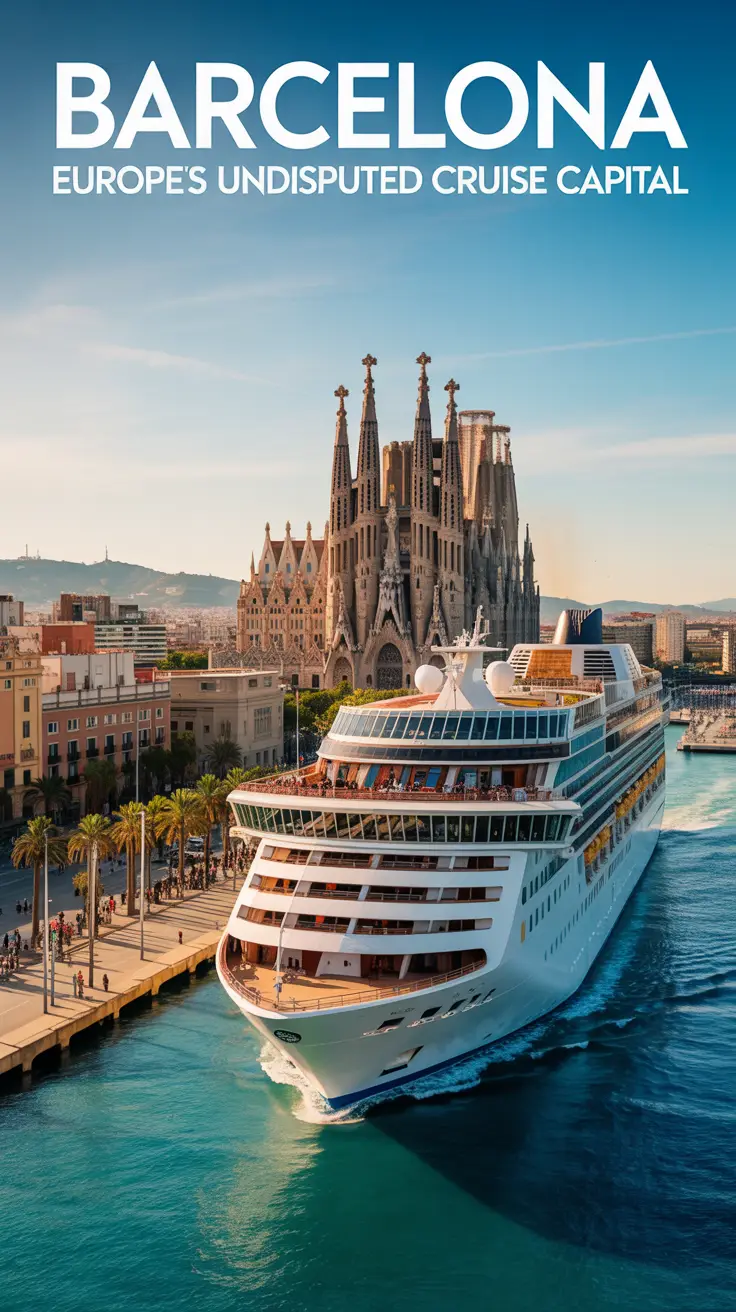 A realistic travel poster of Barcelona featuring a luxury cruise ship in Port Vell, the Sagrada Familia glowing in late afternoon sun, and a vibrant waterfront under a clear blue sky.