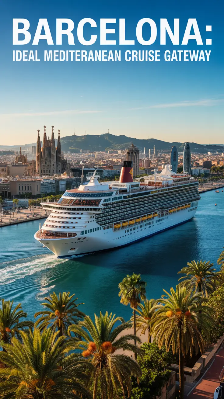 A vibrant travel poster of Barcelona featuring a modern cruise ship in the harbor, the illuminated Sagrada Familia in the background, and golden sunlight reflecting on the Mediterranean Sea.