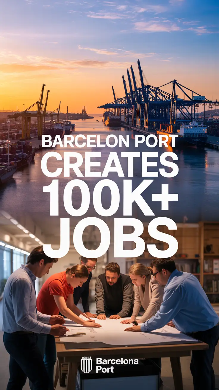 A dynamic lifestyle advertisement showcasing the economic impact of Barcelona Port, featuring a bustling harbor scene at sunrise with cargo ships and modern cranes silhouetted against a vibrant orange and blue sky. In the foreground, a diverse group of workers collaborate on a project, conveying energy and opportunity, all bathed in a warm, optimistic glow. Bold modern text reading "Barcelona Port Creates 100K+ Jobs" is integrated over the harbor, with the port's official logo discreetly placed in the bottom corner. The scene communicates growth, innovation, and strong community connection.