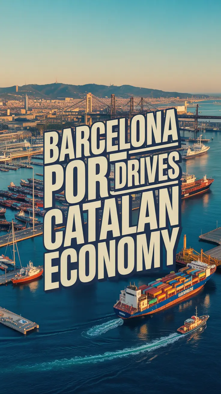 A vibrant infographic poster depicting the economic impact of Barcelona Port with an aerial view of ships and cityscape, highlighting the message "Barcelona Port Drives Catalan Economy."