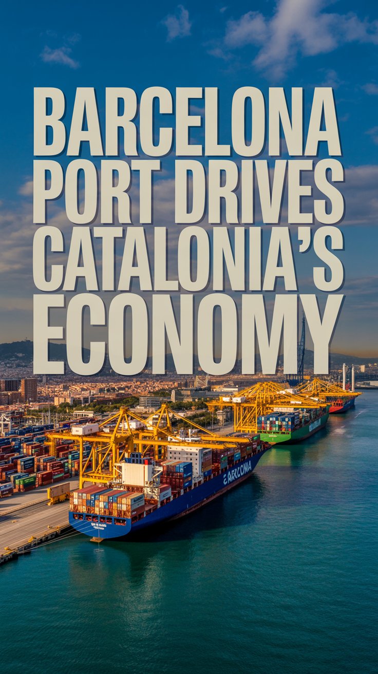 A vibrant, modern infographic-style poster of Barcelona Port with cargo ships and city landmarks, highlighting its economic impact on Catalonia.