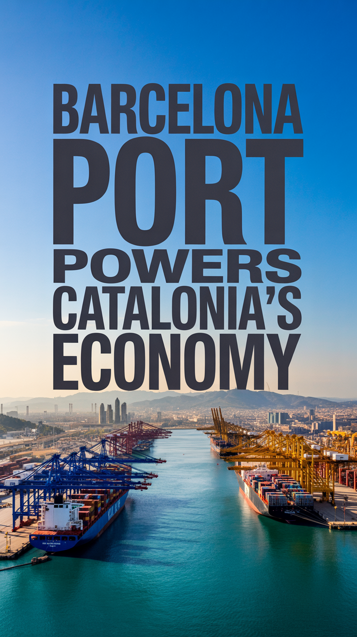 Wide-angle view of Barcelona Port with cargo ships, towering cranes, and city skyline, highlighting global trade and economic vitality.