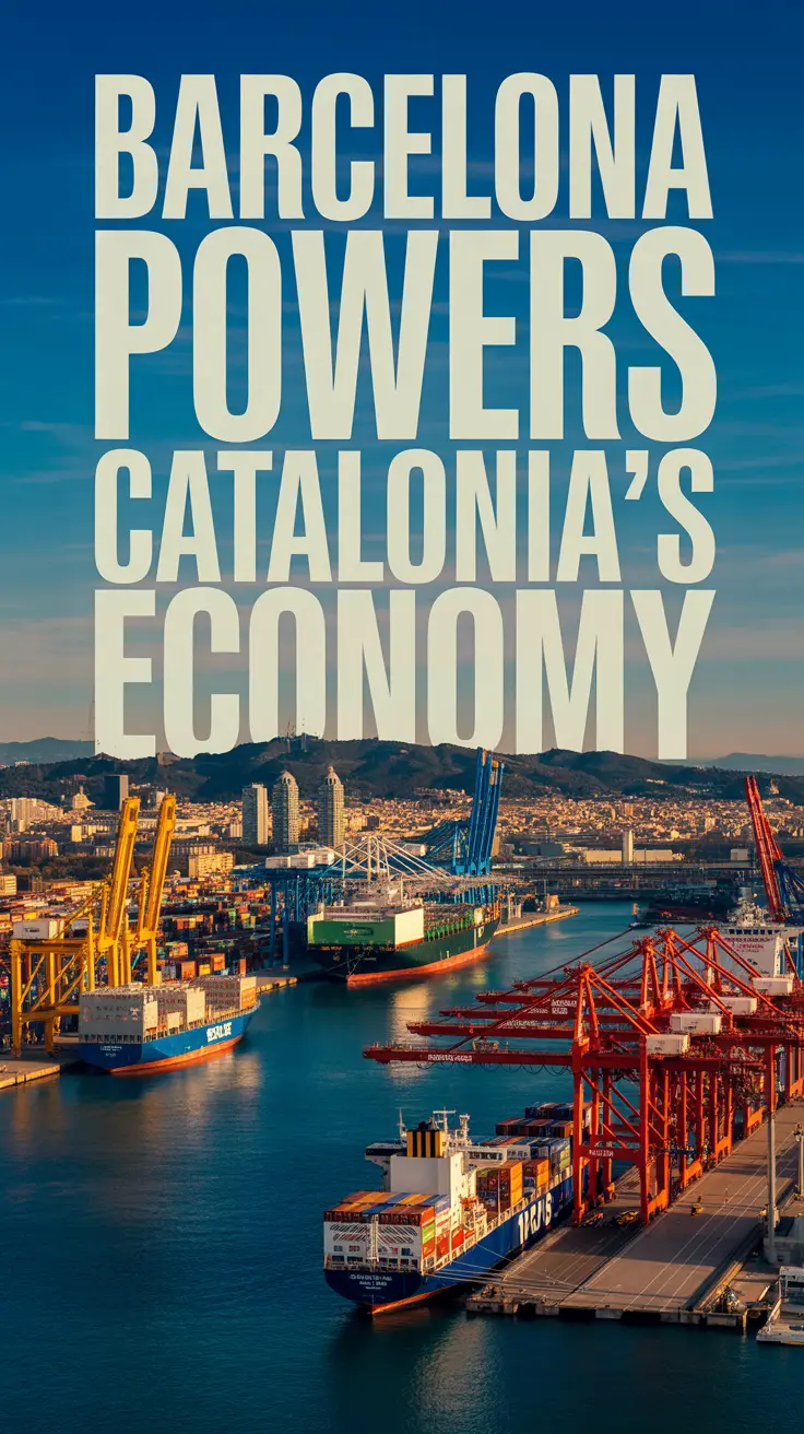 A vibrant, wide-angle photograph showcasing the bustling activity of Barcelona Port. Dominating the scene is a large text overlay reading "Barcelona Port Powers Catalonia's Economy" in a bold, modern font. Numerous cargo ships and ferries fill the harbor, with cranes loading and unloading containers, all bathed in the warm glow of the late afternoon sun. In the background, the city of Barcelona rises majestically, its iconic architecture visible against a clear blue sky, emphasizing the port's integral role in the region’s prosperity.