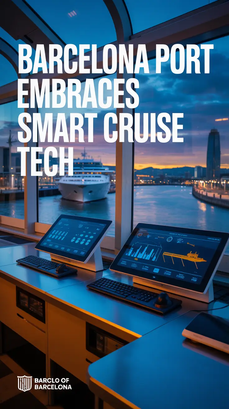 Futuristic control room overlooking Barcelona Port with touchscreen displays showing cruise ship data, ambient lighting, and skyline reflections, highlighting smart cruise technology.
