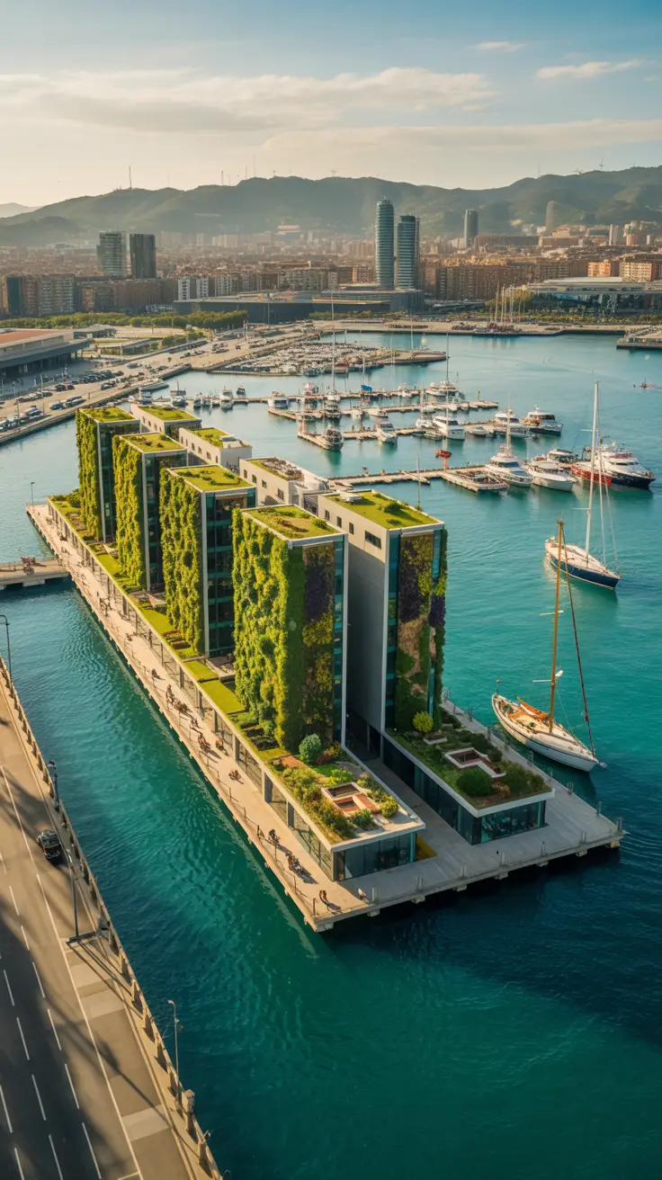 Aerial view of Barcelona Port featuring lush green spaces, rooftop gardens, and vertical greenery integrated into modern buildings alongside a vibrant harbor.