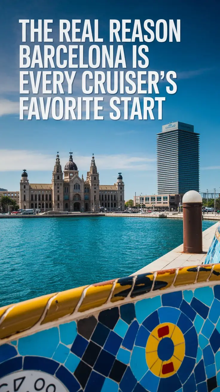 Text overlay aligned left: "The Real Reason Barcelona is Every Cruiser's Favorite Start". No other text. Bright sunny day.