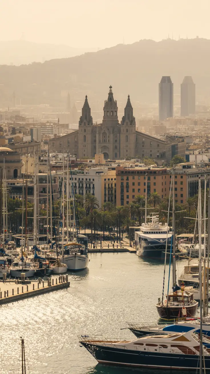 A panoramic view of Barcelona’s port blending modern yachts and cargo ships with the historic Barri Gòtic under warm late-afternoon light.