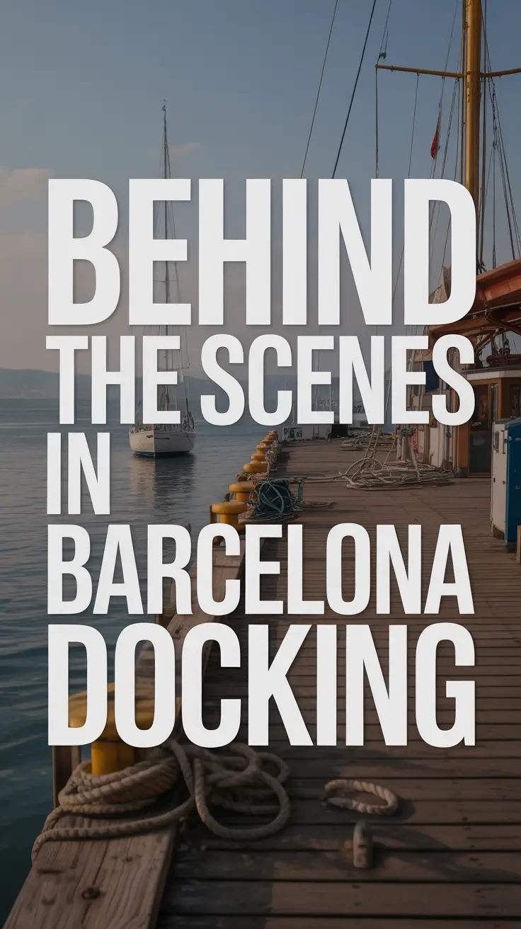 A weathered wooden dock in Barcelona glows in the late afternoon sun with nautical details and a distant sailboat, emphasizing bold white text overlay.