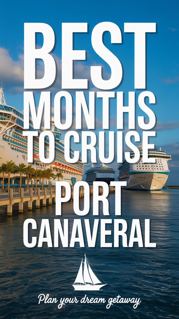 A picturesque view of cruise ships docked at Port Canaveral in golden afternoon light, with palm trees, sparkling blue water, and bold text promoting the best months to cruise.