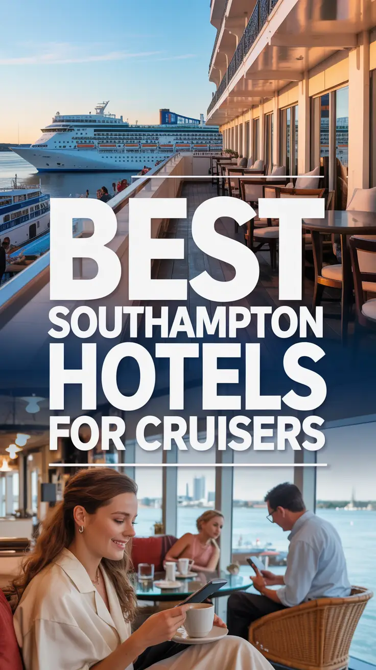 Vibrant lifestyle advertisement of top Southampton hotels for cruise passengers, featuring a split view of a luxury hotel room with a balcony overlooking a cruise ship and a cozy lounge with travelers planning their itineraries.