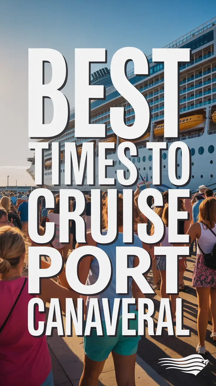 A vibrant lifestyle advertisement featuring excited vacationers at Port Canaveral cruise terminal during golden hour, with a modern cruise ship in the background and bold text promoting cruise timing.