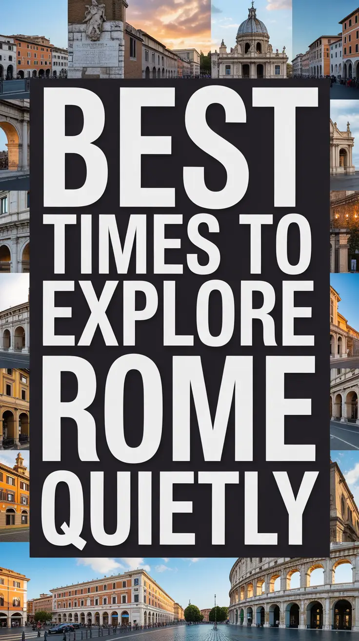 Bold white text reading "Best Times to Explore Rome Quietly" stands out in a dark box, surrounded by a vibrant collage of realistic images.