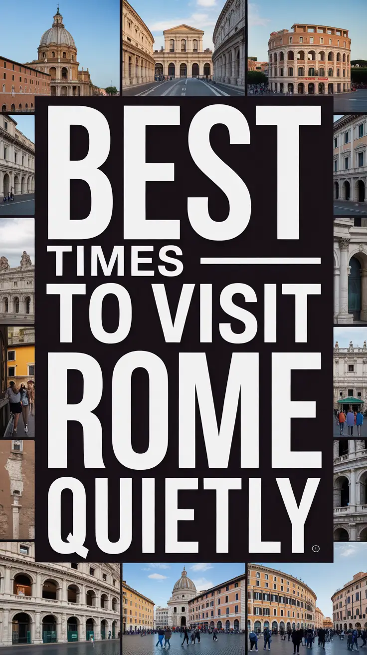 Bold white text reading “Best Times to Visit Rome Quietly” stands out on a dark box, surrounded by a vibrant collage of realistic travel images.