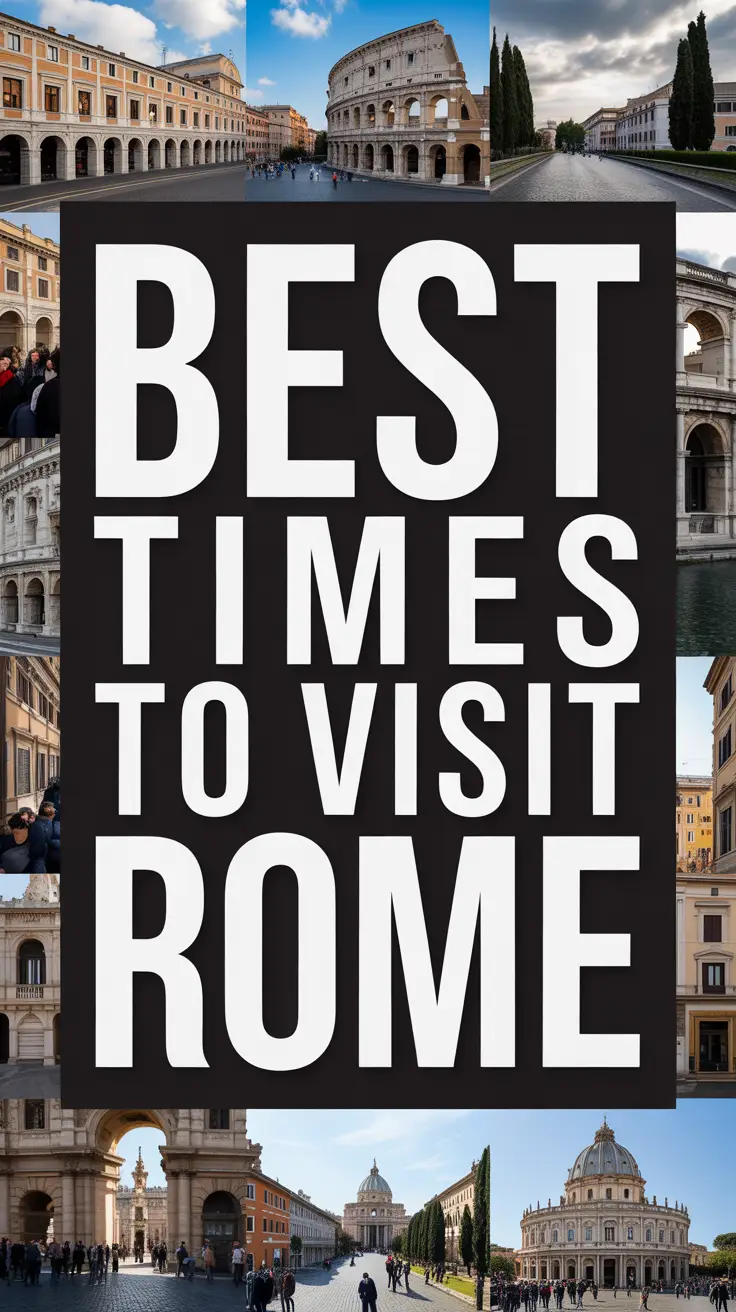 Bold white text reading "Best Times to Visit Rome" stands out in a dark box, surrounded by a vibrant collage of images.