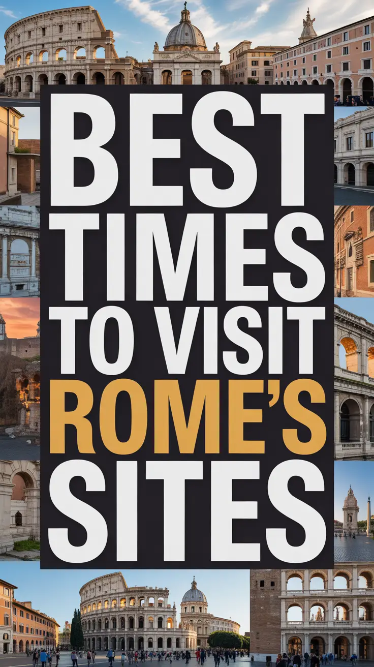 Bold white text reading "Best Times to Visit Rome's Sites" over a dark box, surrounded by a vibrant collage of realistic travel images.