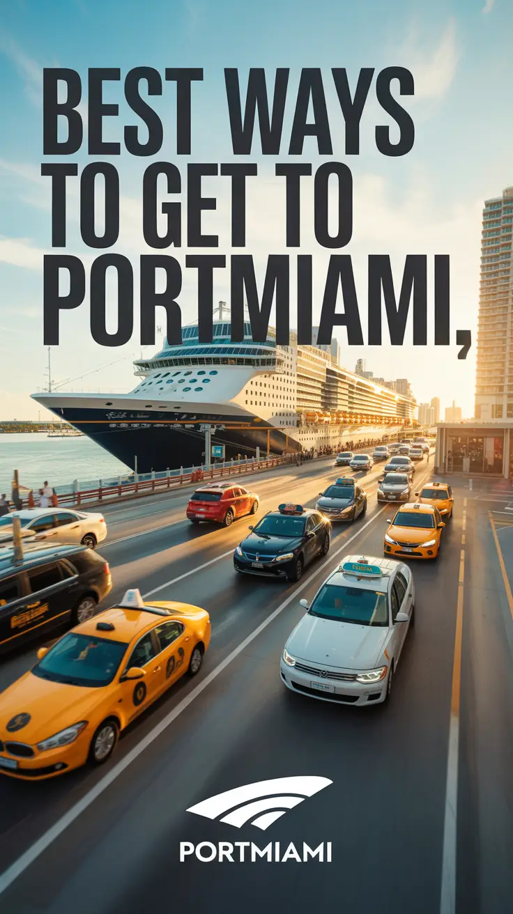 A vibrant aerial scene of cruise ships, taxis, and ride-shares converging at PortMiami during golden hour, highlighting convenient and exciting travel options.