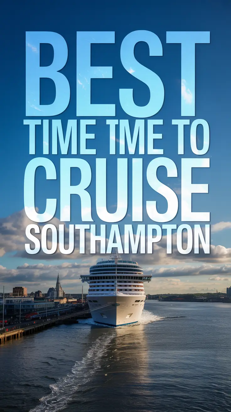 A luxurious cruise ship departs from Southampton docks at sunset, with excited travelers onboard and bold text reading "Best time to cruise Southampton" set against a vibrant sky and city skyline.