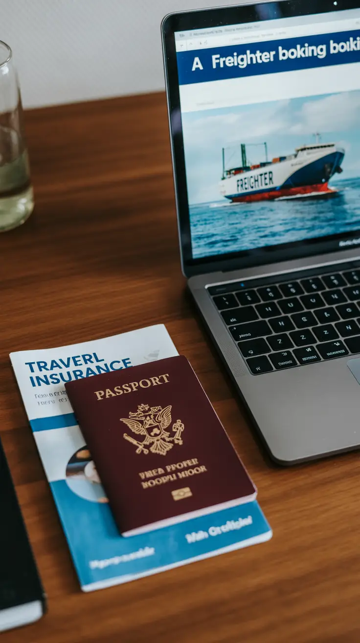 A passport, travel insurance brochure, and laptop displaying a freighter booking site arranged on a wooden desk.