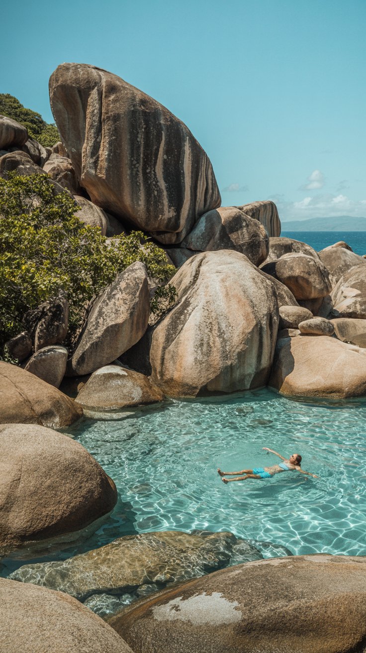 A photograph showcases the Baths at Virgin Gorda, focusing on a cluster of massive granite boulders creating a series of turquoise swimming pools. Sunlight reflects off the smooth, water-worn surfaces of the boulders, revealing intricate patterns and textures while a lone swimmer floats peacefully in one of the pools. Lush tropical vegetation spills over the edges of the rock formations in the background, framed by the clear blue sky and calm sea. The overall lighting is bright and sunny, highlighting the natural beauty and serene atmosphere of the location.