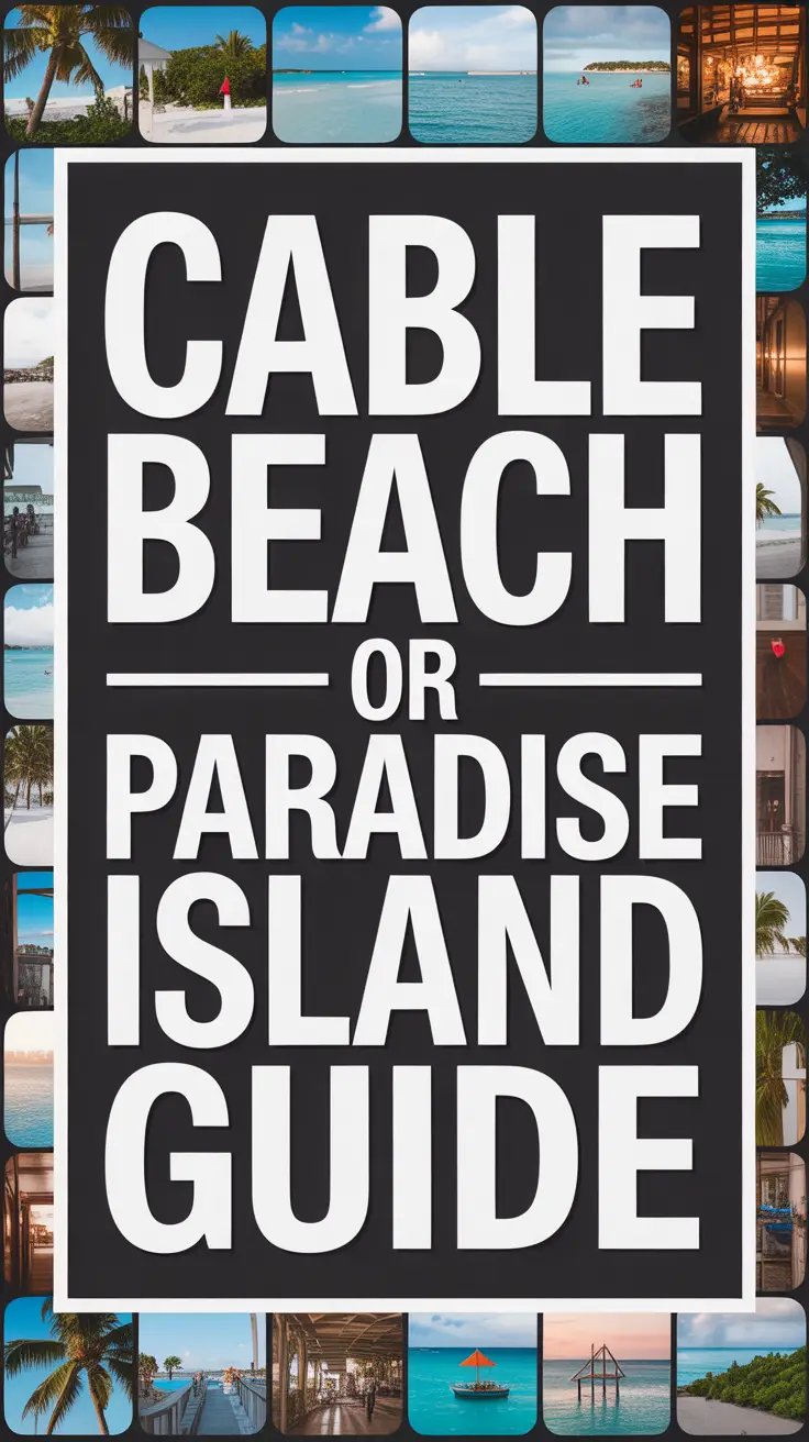 Cable Beach or Paradise Island Guide text boldly displayed in white on a dark box, surrounded by a vibrant collage of tropical images.