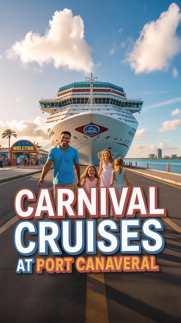 A smiling family of four disembarks from a Carnival cruise ship at Port Canaveral under a golden afternoon sky, with palm trees and a colorful welcome sign in view.