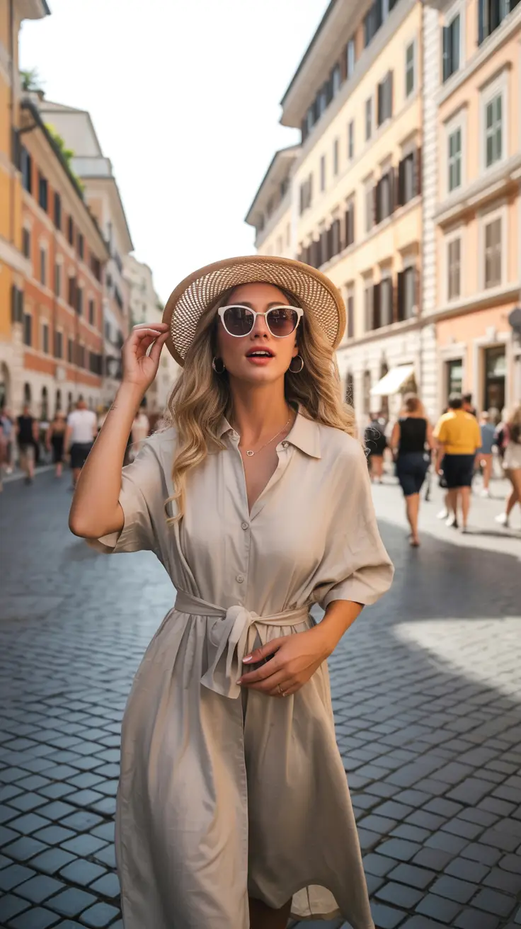 A vibrant fashion photography style image showcasing "Chic Cruise Outfits for Rome": A stylish woman confidently strolls through the charming cobblestone streets of Rome, wearing a flowing linen dress, oversized sunglasses, and a woven straw hat. The warm golden light of the late afternoon highlights the colorful buildings and creates an atmosphere of effortless elegance and sophisticated travel.