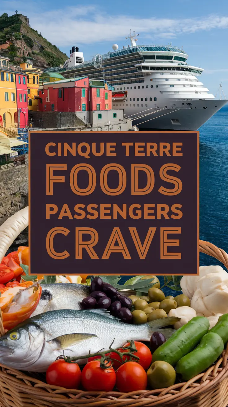 A photo of a cruise ship docked near the cliffs of Cinque Terre, Italy, with colorful hillside buildings in the background and a foreground basket of local foods including fresh fish, tomatoes, and olives, featuring a bold text overlay stating "Cinque Terre Foods Cruise Passengers Crave."