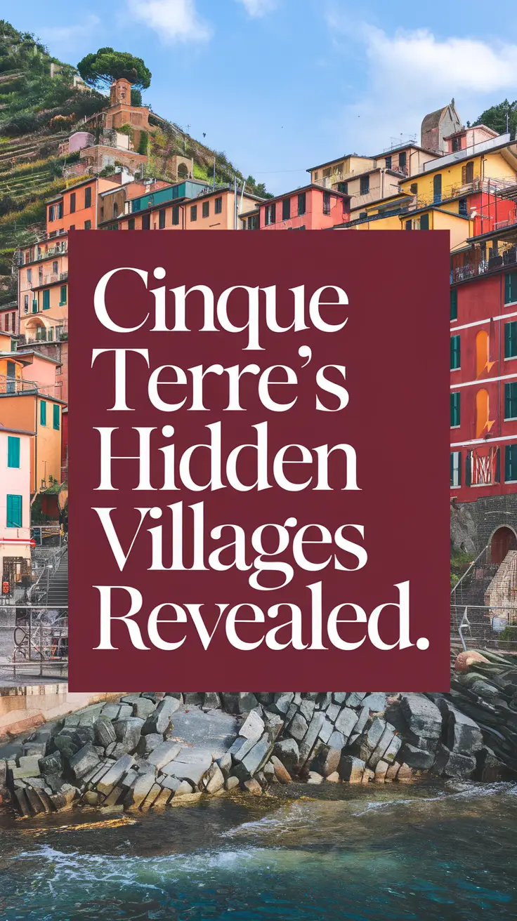 Cinque Terre’s Hidden Villages Revealed — a bold, attention-grabbing headline in thick white lettering on a dark background, surrounded by a vibrant collage of realistic images showcasing colorful coastal villages and scenic Italian landscapes.