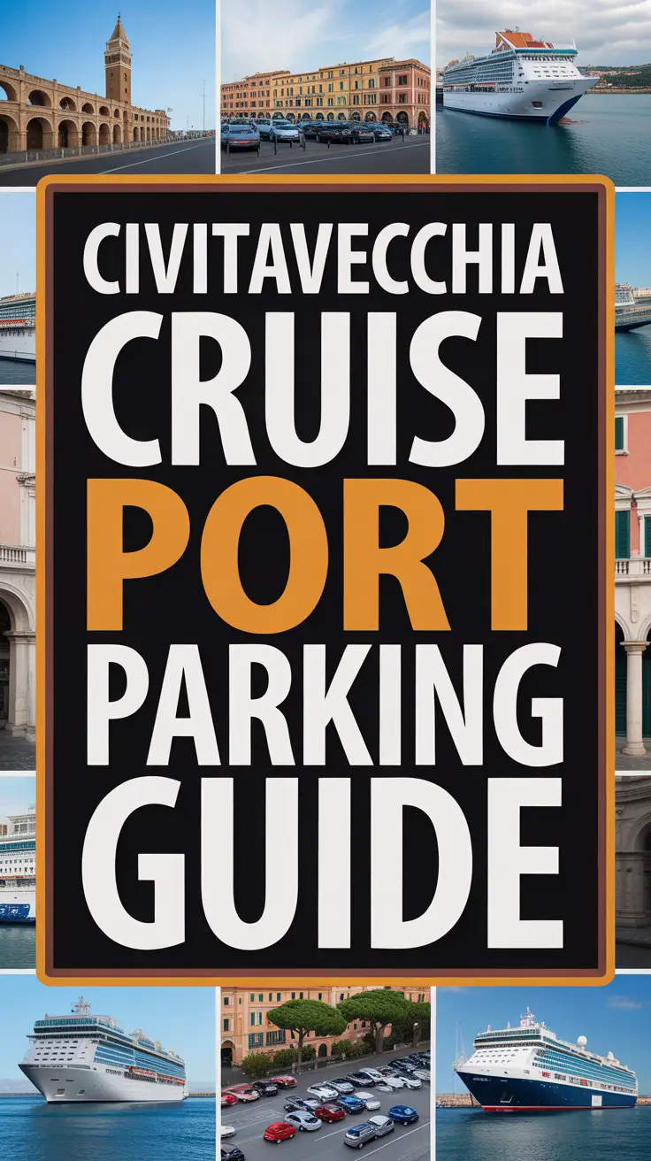 Bold white text reading "Civitavecchia Cruise Port Parking Guide" stands out in a dark box, surrounded by a vibrant collage of realistic travel images.