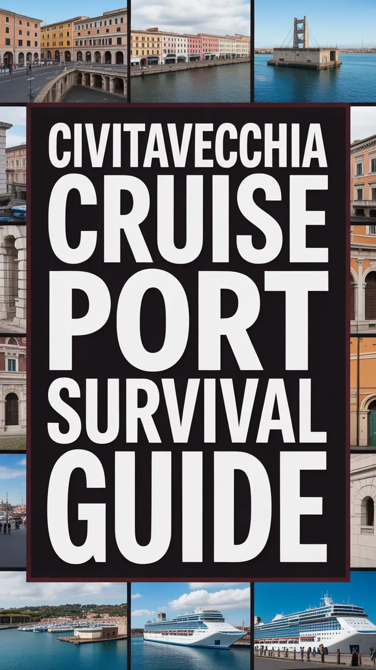 Bold white text reading "Civitavecchia Cruise Port Survival Guide" in a dark box, surrounded by a vibrant collage of realistic travel-themed images.