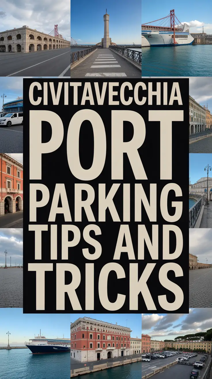 Bold white text reading "Civitavecchia Port Parking Tips and Tricks" over a dark box, surrounded by a vibrant collage of realistic travel-related images.