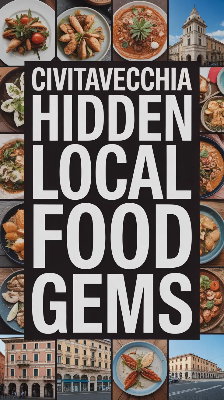 Civitavecchia hidden local food gems highlighted with bold white text on a dark box, surrounded by a vibrant collage of realistic food images.