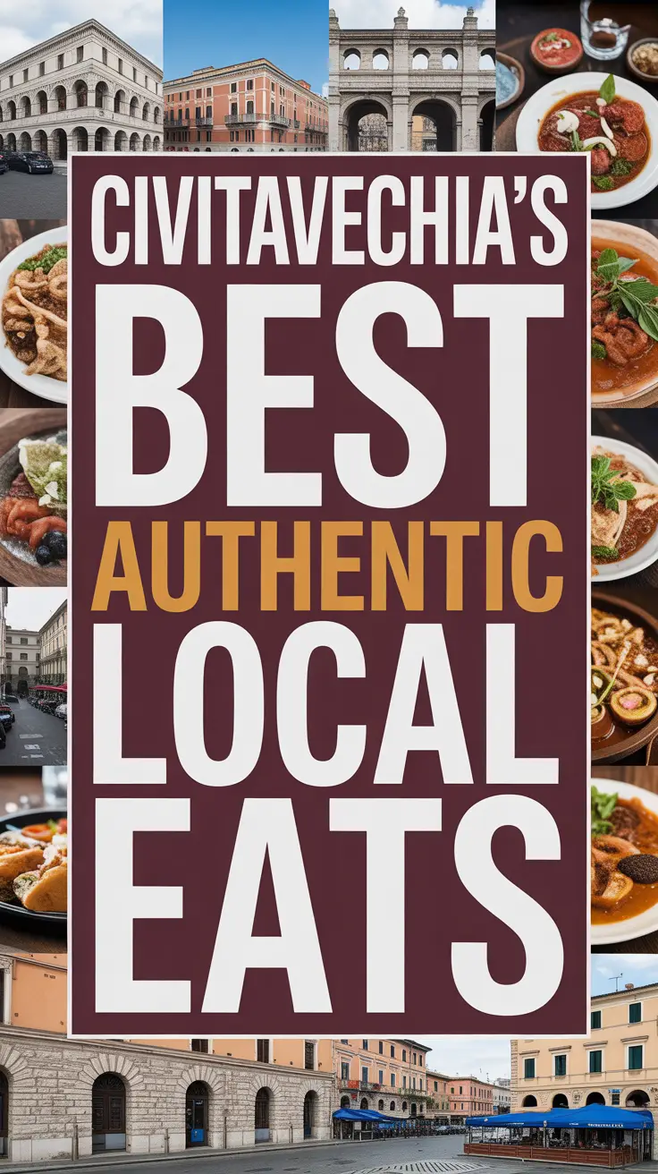 Bold white text reading "Civitavecchia's Best Authentic Local Eats" stands out in a dark box, surrounded by a vibrant collage of realistic food images.
