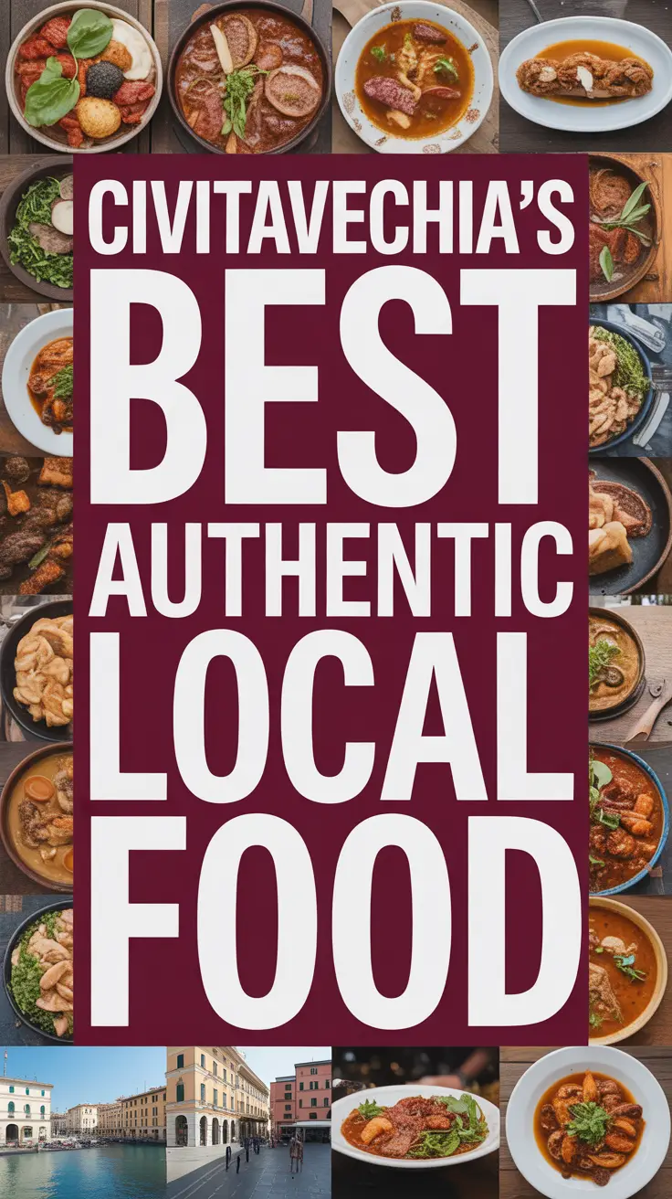 Civitavecchia's Best Authentic Local Food showcased with bold white text on a dark box over a vibrant food collage.