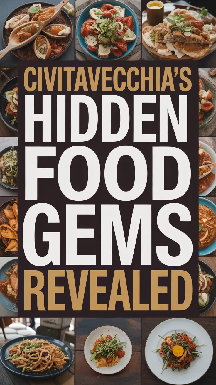 Bold white text reading "Civitavecchia's hidden food gems revealed" stands out in a dark box over a vibrant collage of realistic food images.