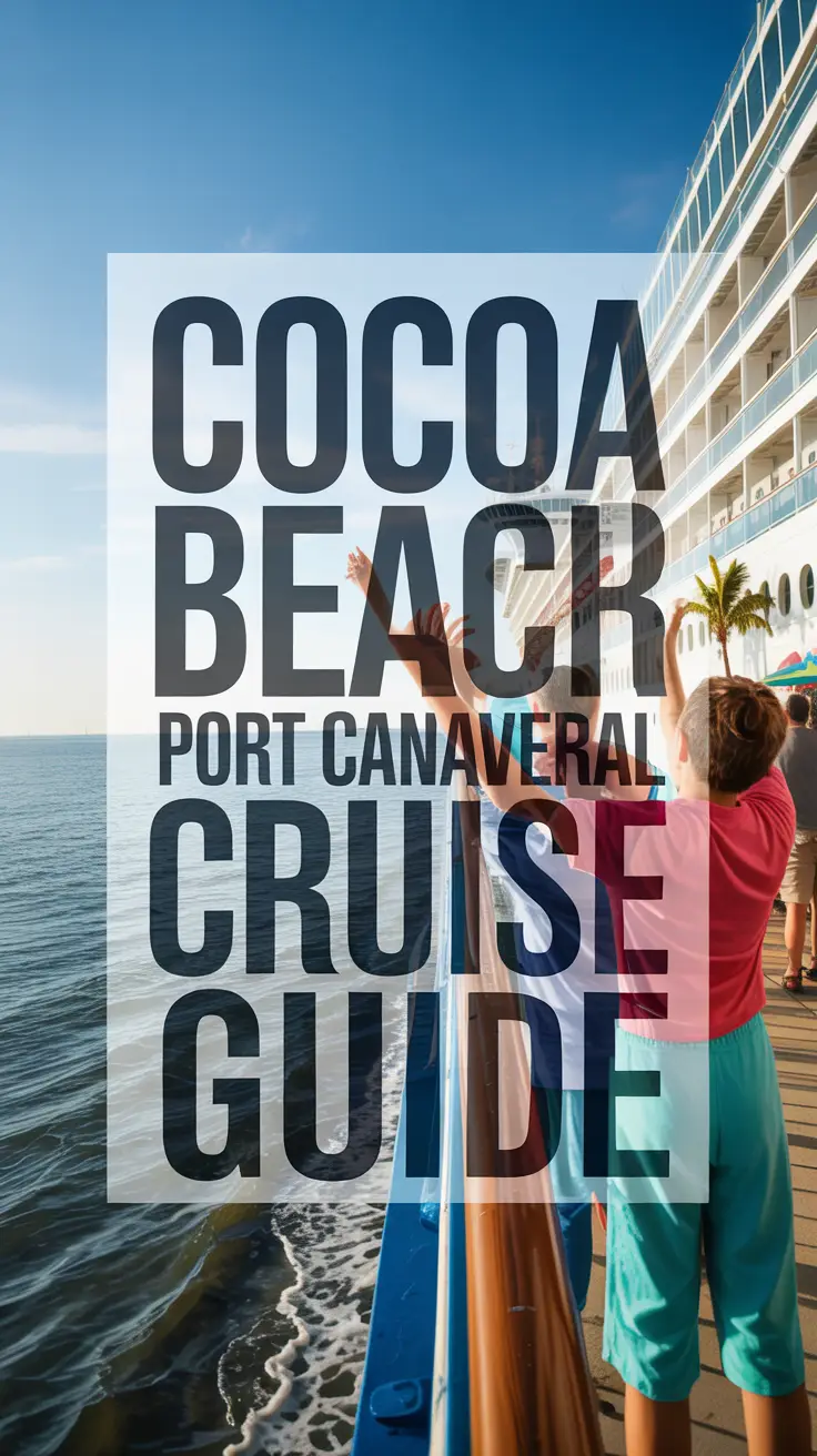 A vibrant cruise lifestyle scene showing a cruise ship leaving Port Canaveral with Cocoa Beach in the foreground, bathed in golden afternoon light, featuring happy families on deck and tropical vacation elements.