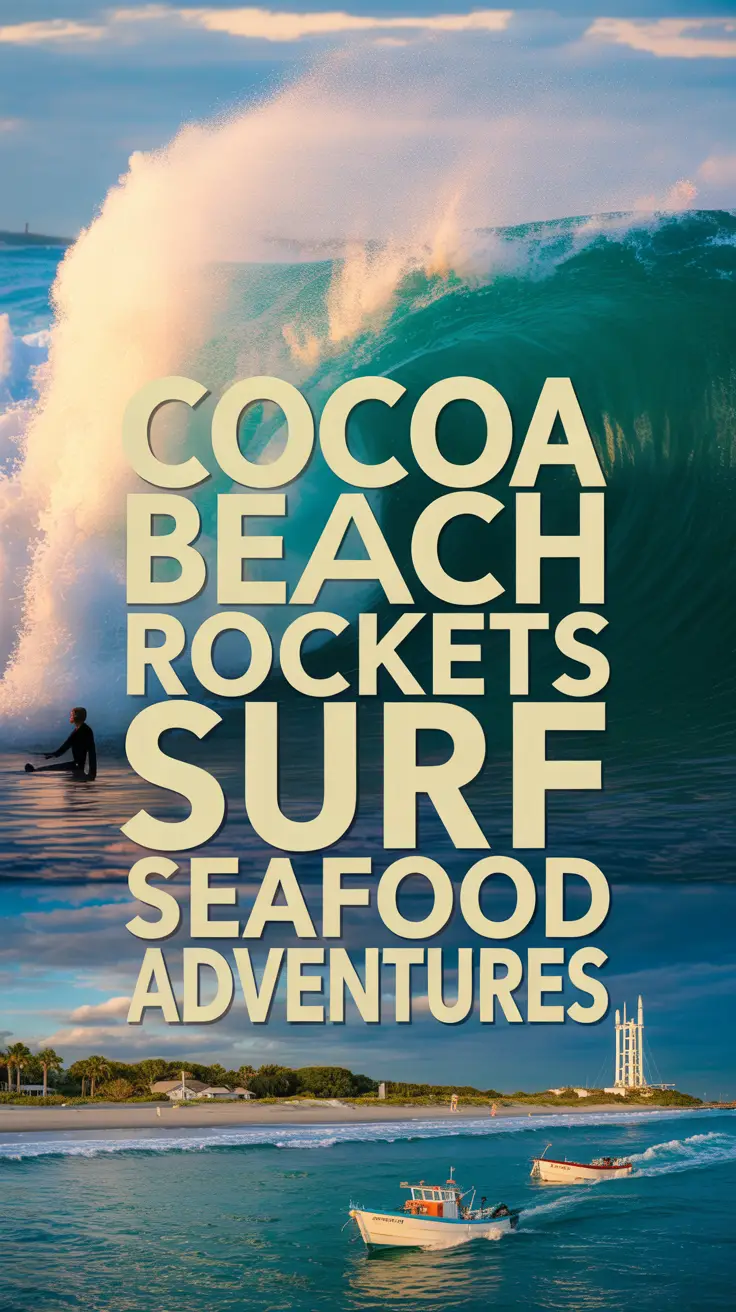 A panoramic travel poster of Cocoa Beach featuring a surfer on a towering wave at sunset, with rockets, seafood, and adventures highlighted in retro-surf style.